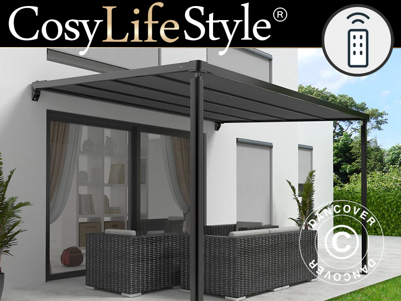 Altantak, väggmonterad pergola Santa Ynez, 4x3m, Svart/Mörkgrå