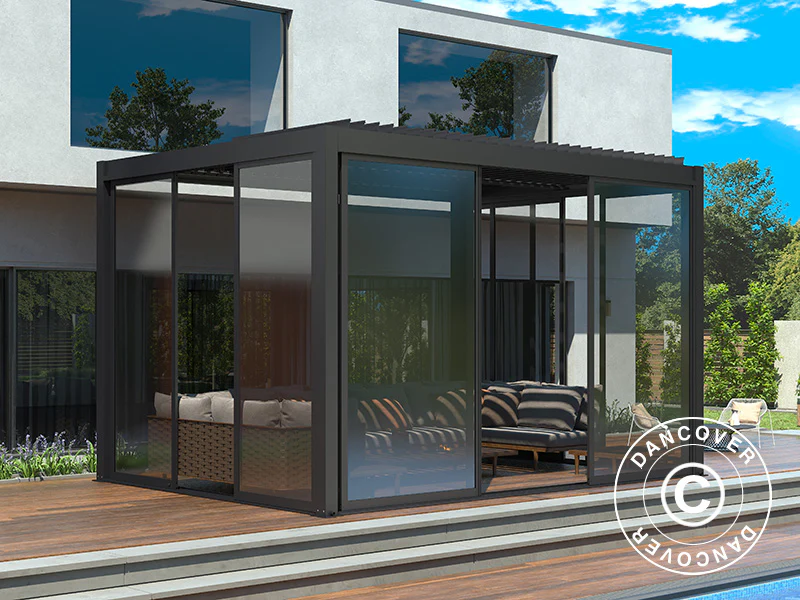 Bioklimatisk pergola paviljon San Pablo Alu+ m/skjutdörrar, 4x4m, Svart - Image 2