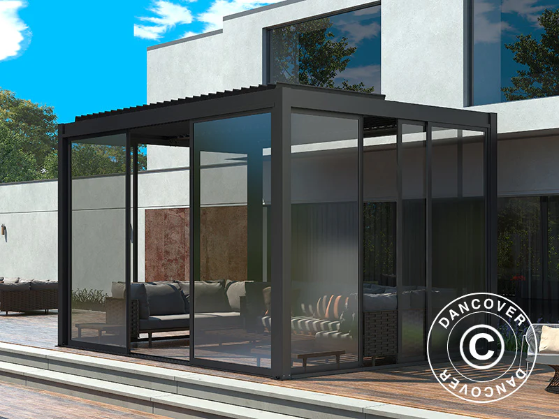 Bioklimatisk pergola paviljon San Pablo Alu+ m/skjutdörrar, 4x4m, Svart - Image 3