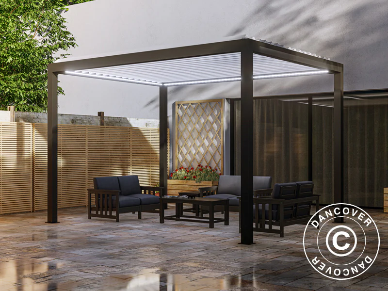 Bioklimatisk pergola paviljong Génova med LED-belysning, 4x3m, Antracit/Vit - Image 3