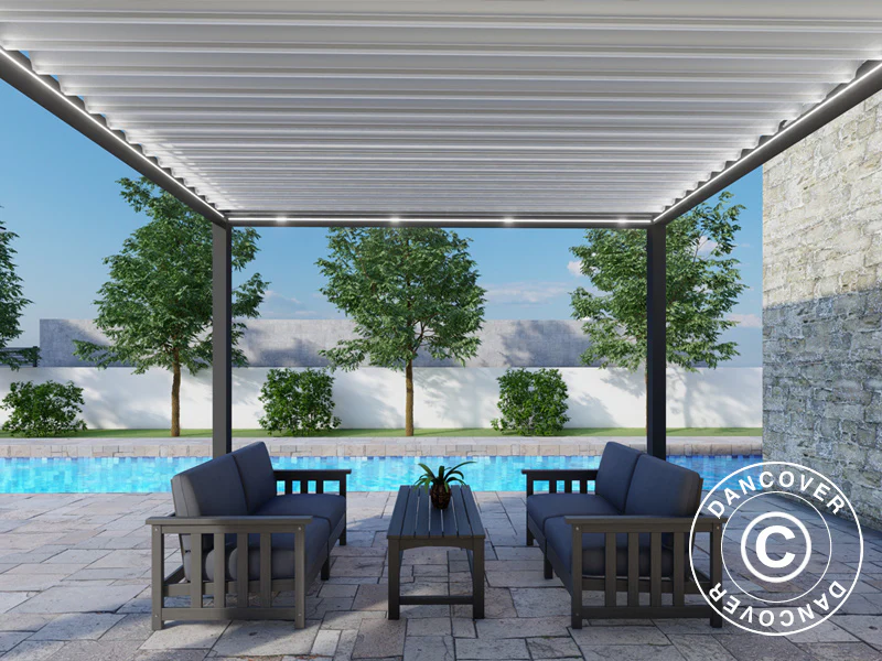 Bioklimatisk pergola paviljong Génova med LED-belysning, 4x3m, Antracit/Vit - Image 5