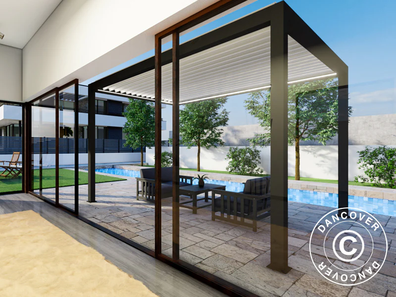 Bioklimatisk pergola paviljong Génova med LED-belysning, 4x4m, Antracit/Vit - Image 4