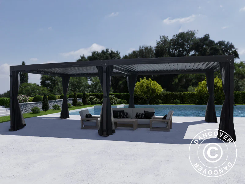 Bioklimatisk pergola paviljong Monterey, 4x8m, m/gardiner och myggnät, Svart - Image 3