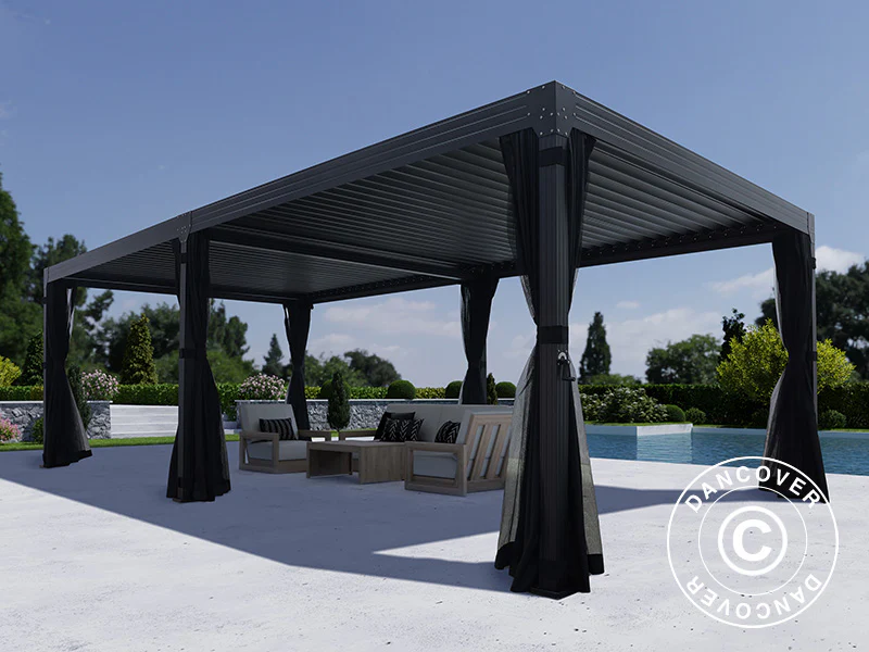 Bioklimatisk pergola paviljong Monterey, 4x8m, m/gardiner och myggnät, Svart - Image 4
