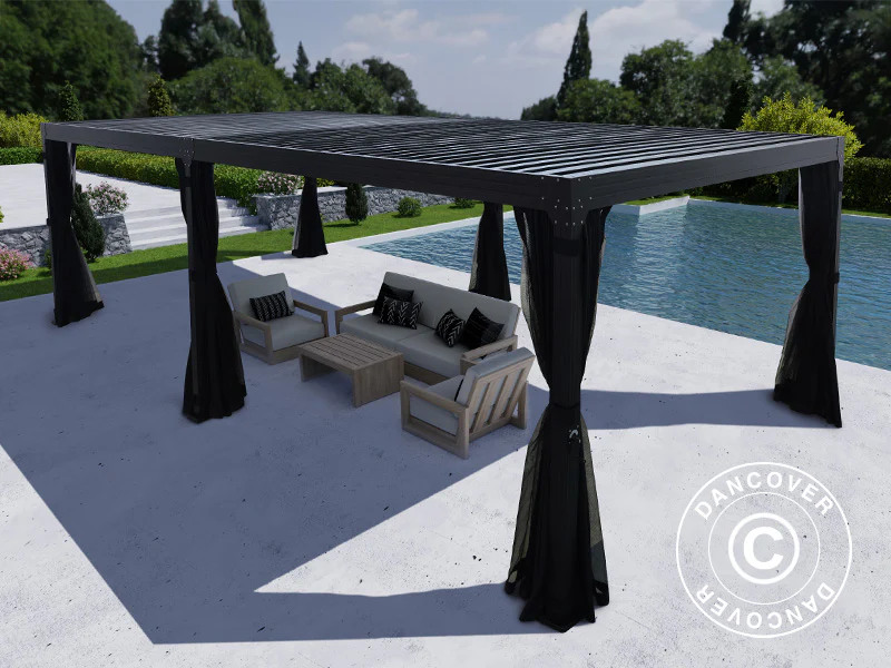 Bioklimatisk pergola paviljong Monterey, 4x8m, m/gardiner och myggnät, Svart - Image 5