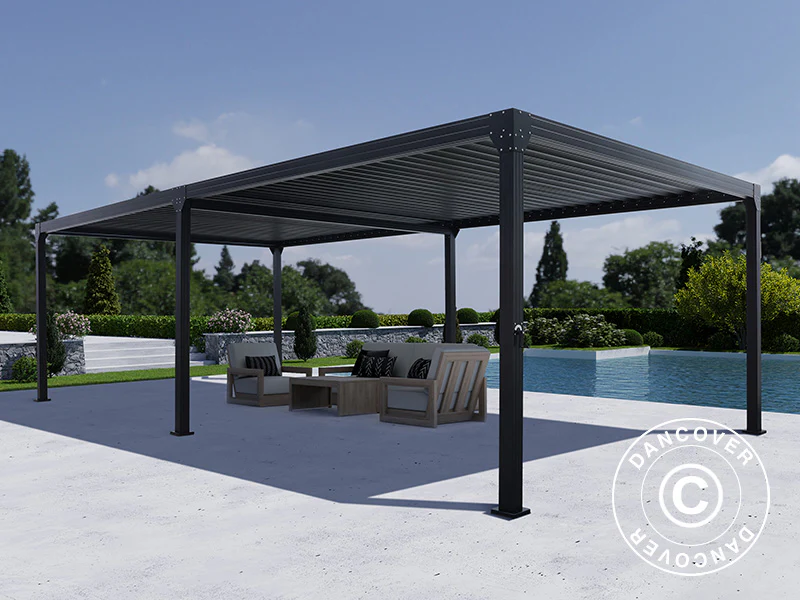 Bioklimatisk pergola paviljong Monterey, 4x8m, m/gardiner och myggnät, Svart - Image 6