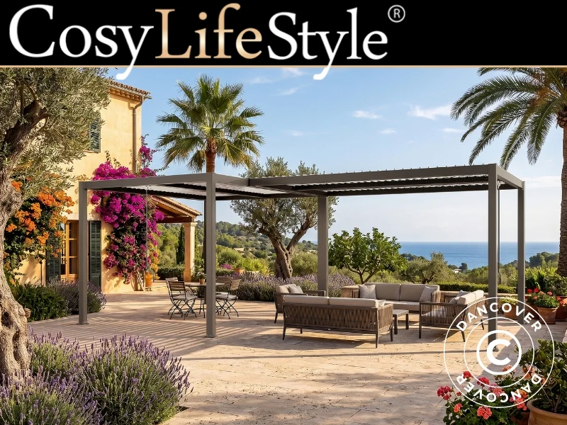 Bioklimatisk pergola paviljong San Pablo Alu+, 3x4m, L-formad, Svart/Vit, 2 st.