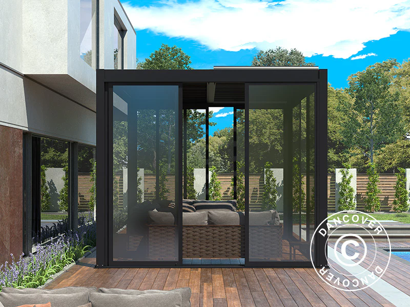 Bioklimatisk pergola paviljong San Pablo Alu+ m/skjutdörrar, 3x4m, Svart - Image 5