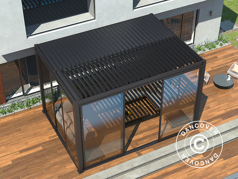 Bioklimatisk pergola paviljong San Pablo Alu+ m/skjutdörrar, 3x4m, Svart - Image 6