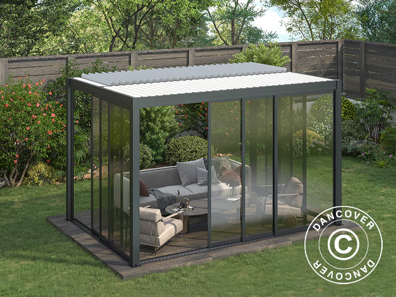 Bioklimatisk pergola paviljong San Pablo Alu+ m/skjutdörrar, 3x4m, Svart/Vit - Image 5