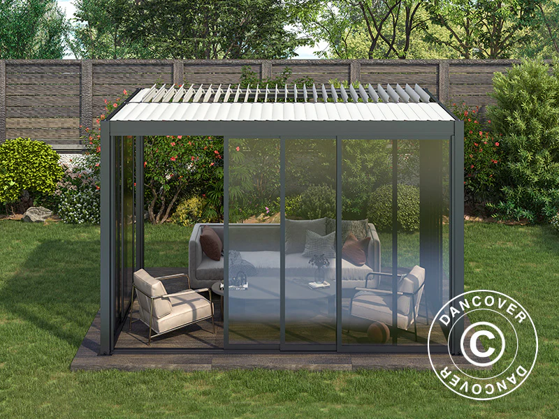 Bioklimatisk pergola paviljong San Pablo Alu+ m/skjutdörrar, 3x4m, Svart/Vit - Image 7