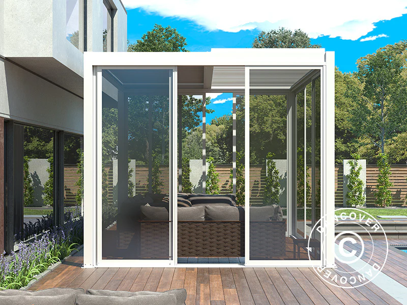 Bioklimatisk pergola paviljong San Pablo Alu+ m/skjutdörrar, 3x4m, Vit - Image 5