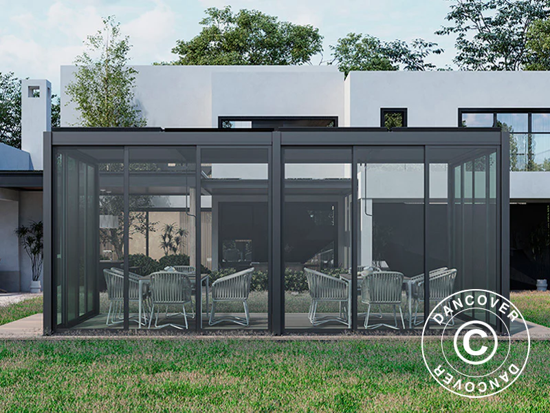 Bioklimatisk pergola paviljong San Pablo Alu+ m/skjutdörrar, 3x5,8m, Svart - Image 4