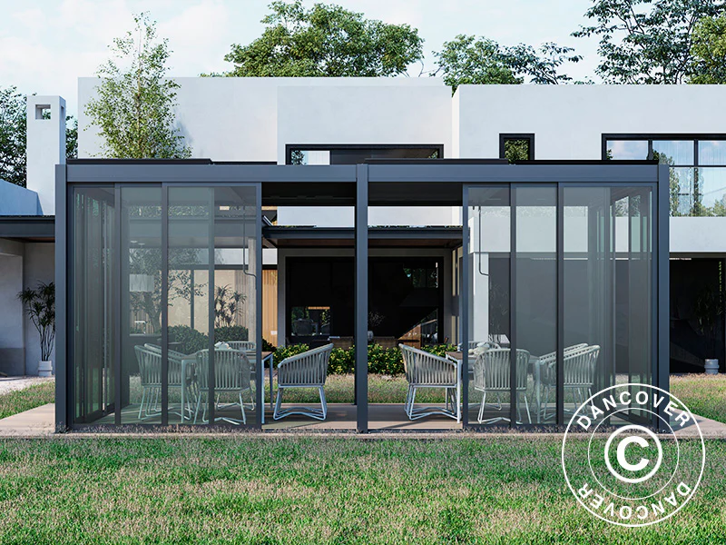 Bioklimatisk pergola paviljong San Pablo Alu+ m/skjutdörrar, 3x5,8m, Svart - Image 5