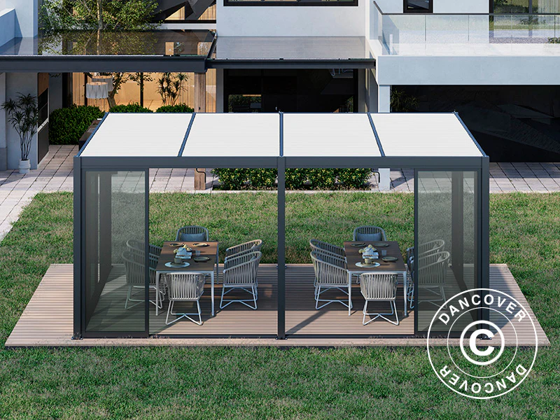 Bioklimatisk pergola paviljong San Pablo Alu+ m/skjutdörrar, 3x5,8m, Svart/Vit - Image 3