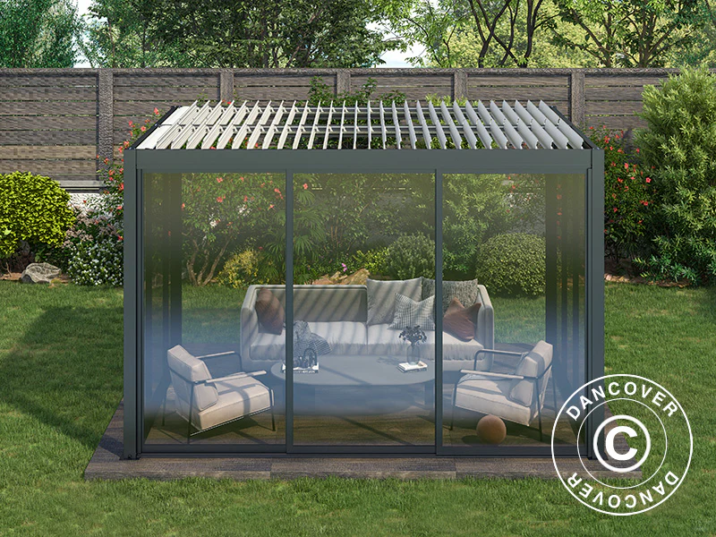 Bioklimatisk pergola paviljong San Pablo Alu+ m/skjutdörrar, 4x4m, Svart/Vit - Image 4