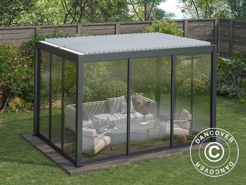 Bioklimatisk pergola paviljong San Pablo Alu+ m/skjutdörrar, 4x4m, Svart/Vit - Image 5