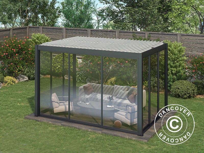 Bioklimatisk pergola paviljong San Pablo Alu+ m/skjutdörrar, 4x4m, Svart/Vit - Image 6
