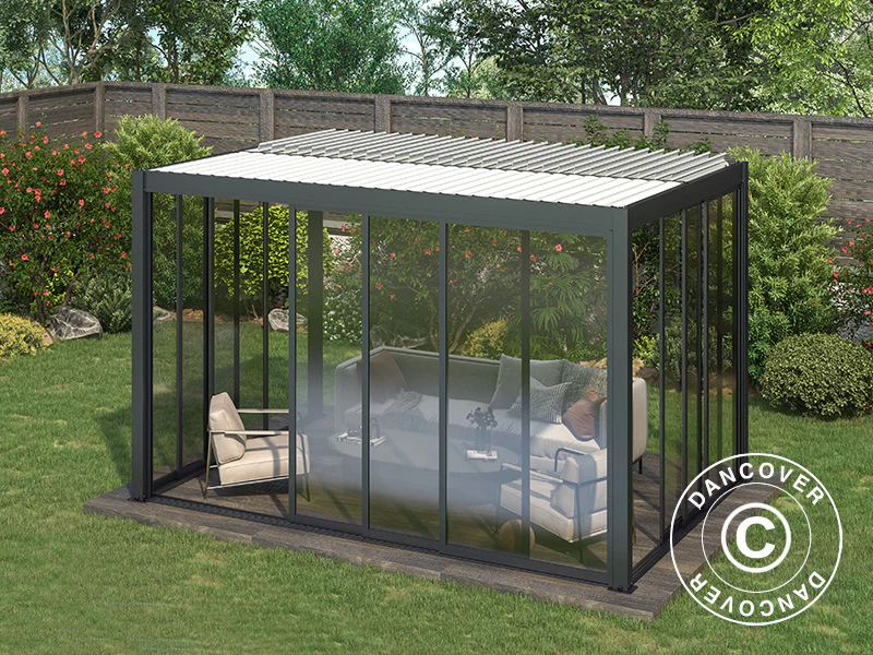 Bioklimatisk pergola paviljong San Pablo Alu+ m/skjutdörrar, 4x4m, Svart/Vit - Image 7