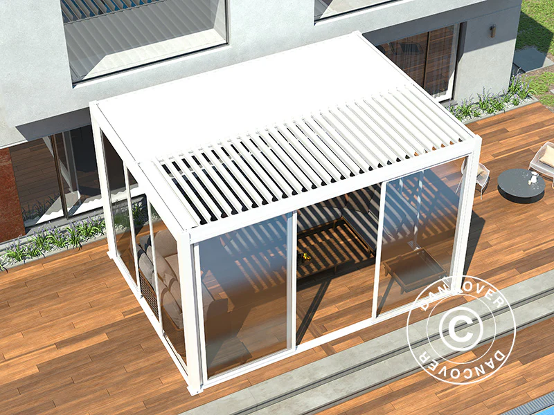 Bioklimatisk pergola paviljong San Pablo Alu+ m/skjutdörrar, 4x4m, Vit - Image 5