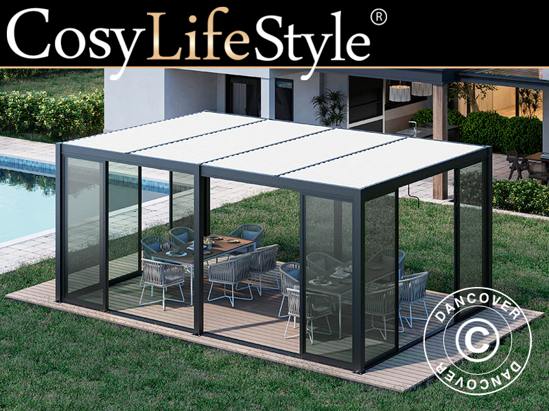 Bioklimatisk pergola paviljong San Pablo Alu+ m/skjutdörrar, 4x5,8m, Svart/Vit