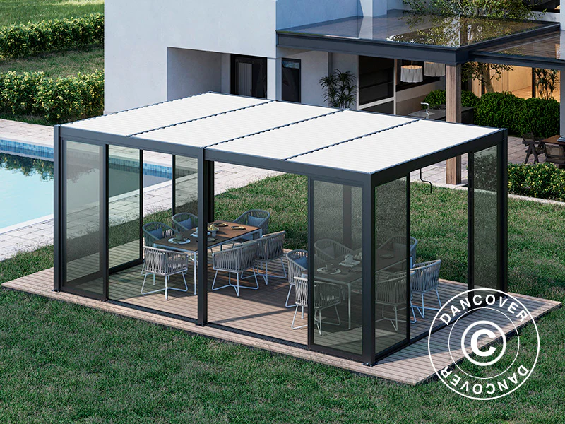 Bioklimatisk pergola paviljong San Pablo Alu+ m/skjutdörrar, 4x5,8m, Svart/Vit - Image 2