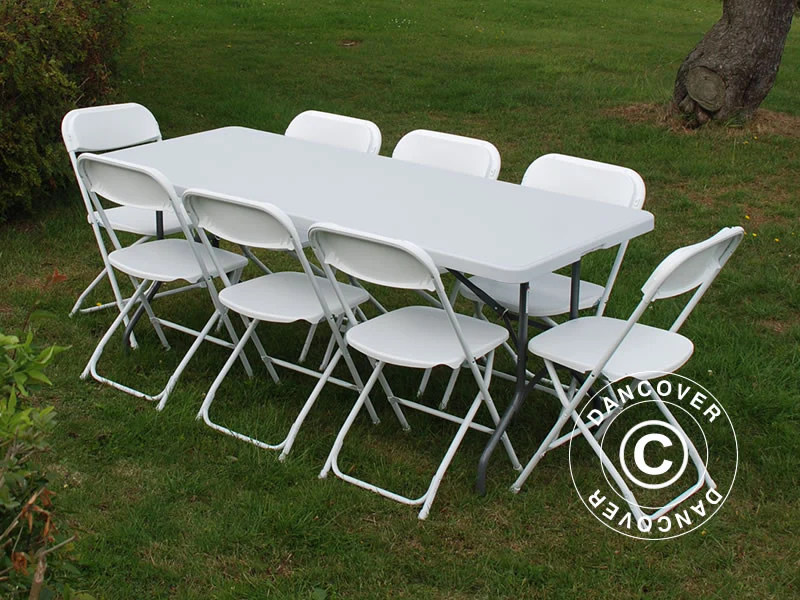 Fest paket, 1 fällbord (180cm) + 8 klappstolar, Ljusgrå/Vit - Image 3