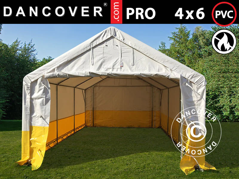 Förvaringsarbetstält PRO 4x6m, PVC, Vit/Gul, Flamsäker