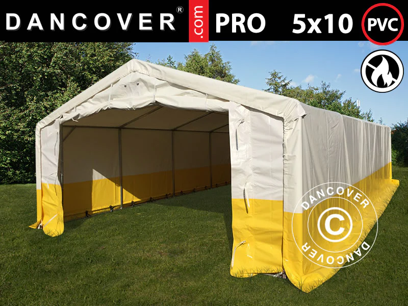 Förvaringsarbetstält PRO 5x10m, PVC, Vit/Gul, Flamsäker