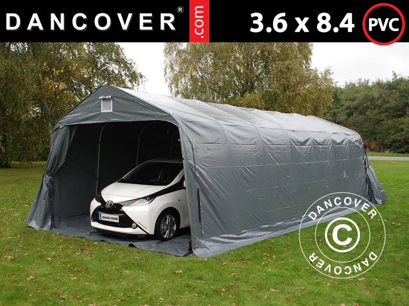 Garagetält PRO 3,6x8,4x2,7m PVC med golvtäck, Grå