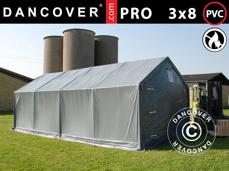 Lagertält PRO 3x8x2x2,82m, PVC, Grå