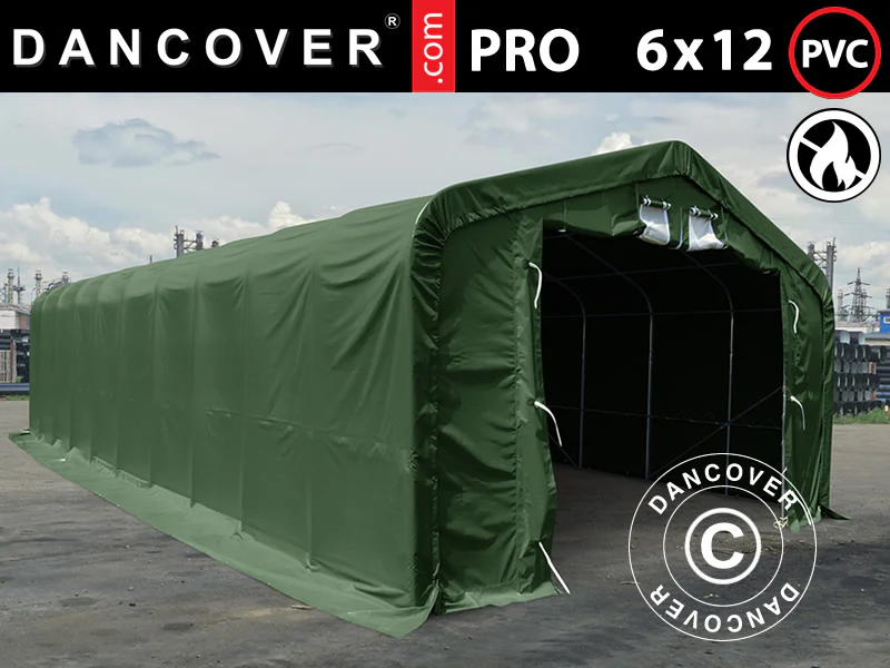 Lagertält PRO 6x12x3,7m PVC med takpanel, Grön