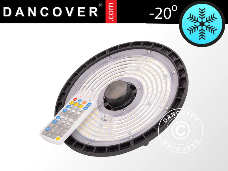 LED Industrifixtur, Ø27x11,5cm, med sensor/RC, Svart