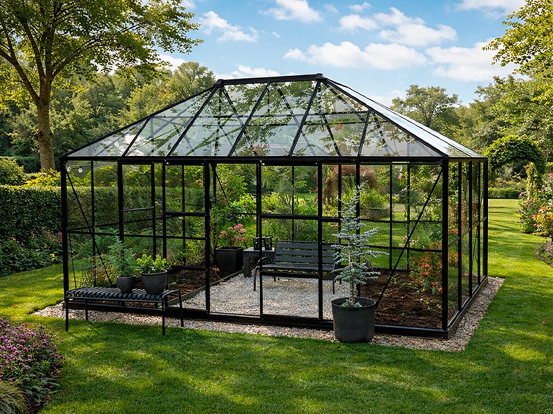 Orangeri, paviljong i glas 12m², 4,2x2,86x2,84m med bas, Svart