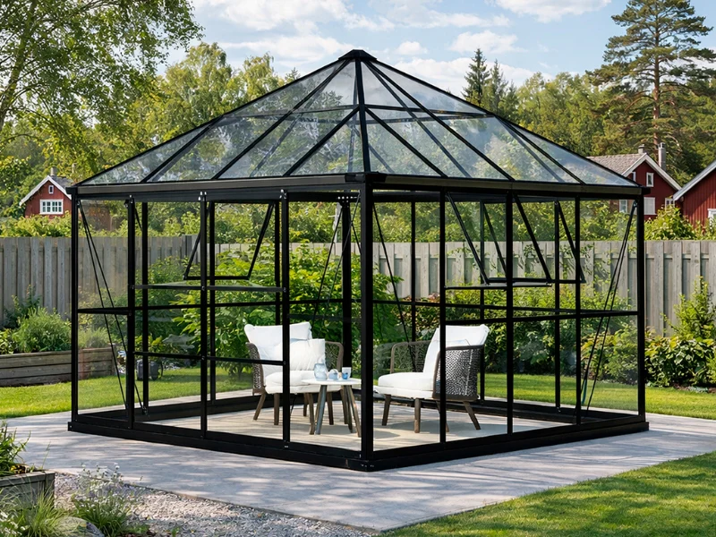 Orangeri, paviljong i glas 8,06m², 2,82x2,86x2,8m med bas, Svart