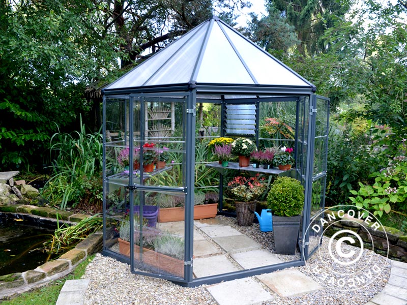 Orangeri polykarbonat OASIS, Sexkantigt 3,91m², Palram/Canopia, 2,13x2,47x2,67m, Antracit - Image 3