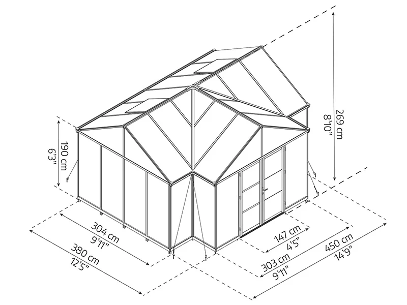 Orangeri polykarbonat Triomphe med bas, 17,1m², Palram/Canopia, 4,5x3,8x2,69m, Svart - Image 5