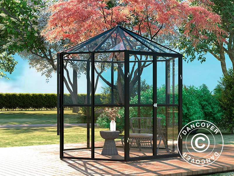 Orangeri sexkantigt glas 3,74m², 2,08x2,4x2,32m, Svart - Image 3