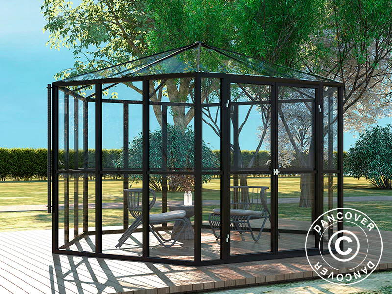 Orangeri sexkantigt glas 8,42m², 3,12x3,6x2,42m, Svart - Image 3