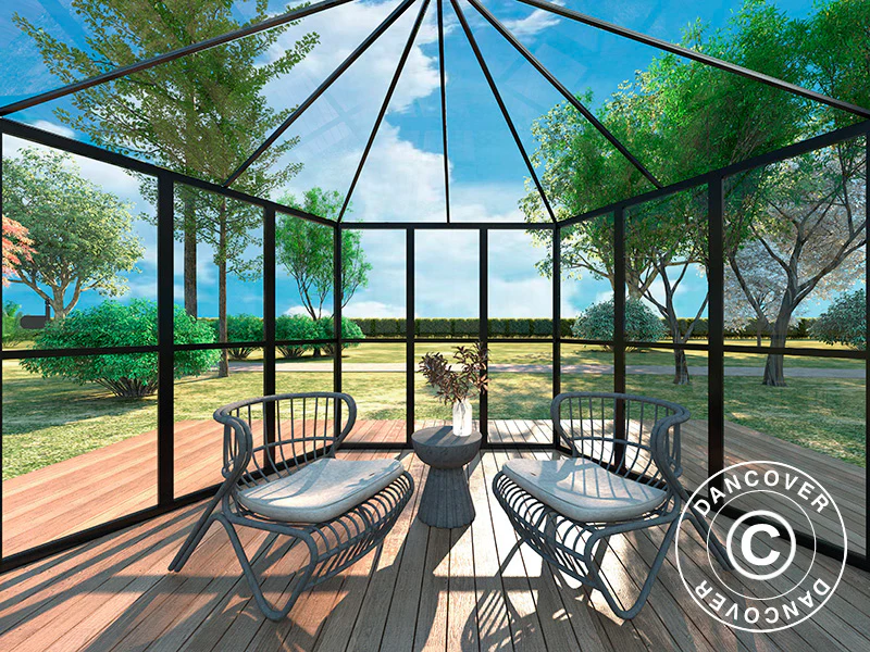Orangeri sexkantigt glas 8,42m², 3,12x3,6x2,42m, Svart - Image 4