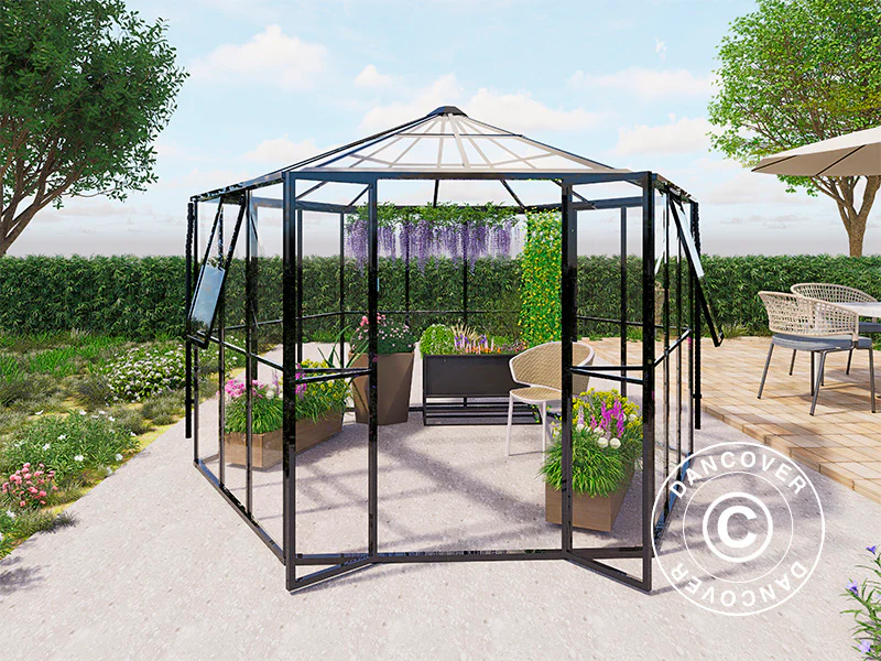 Orangeri sexkantigt glas 8,42m², 3,12x3,6x2,42m, Svart - Image 5