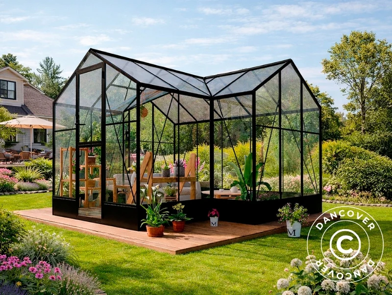 Orangeri, växthus polykarbonat/glas, 14,75m2, 3,83x3,85x2,61m inkl. bas, Svart