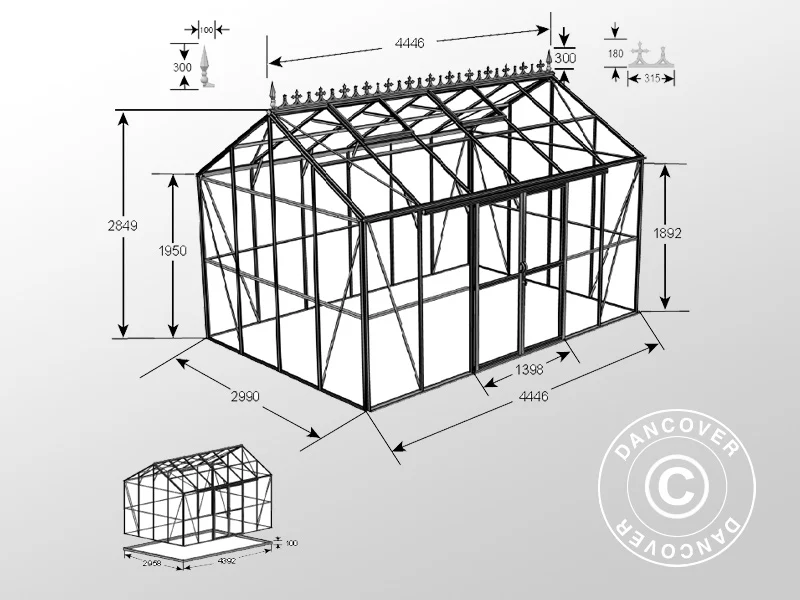 Orangeri, växthus i glas 13,3m², 4,45x2,99x2,95m med bas och takdekoration, Svart - Image 7