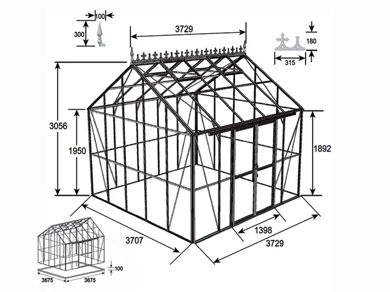 Orangeri, växthus i glas 13,8m², 3,73x3,71x3,16m m/botten och takdekoration, Svart - Image 11