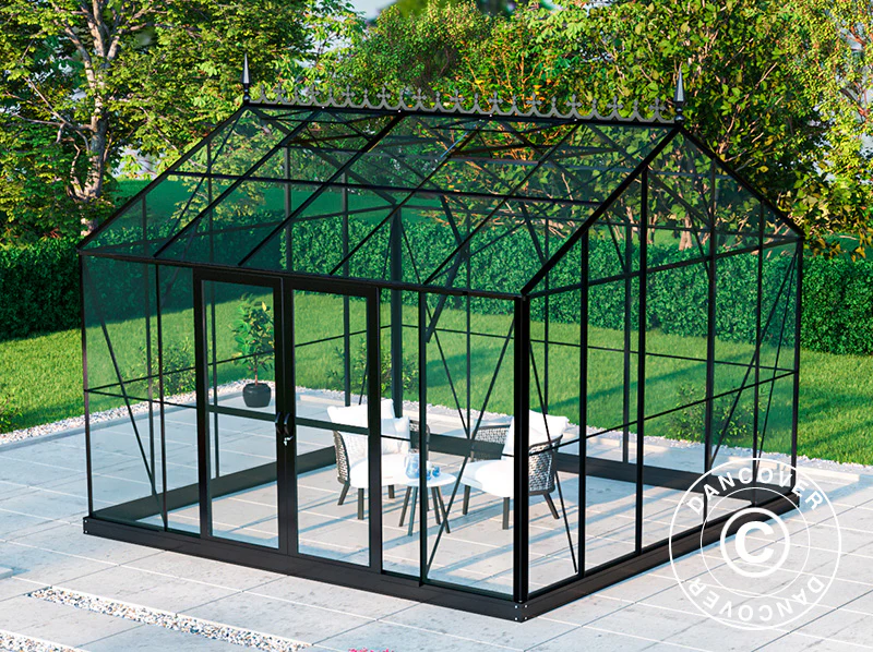 Orangeri, växthus i glas 13,8m², 3,73x3,71x3,16m m/botten och takdekoration, Svart - Image 3