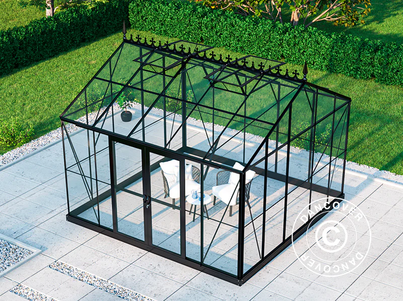 Orangeri, växthus i glas 13,8m², 3,73x3,71x3,16m m/botten och takdekoration, Svart - Image 4