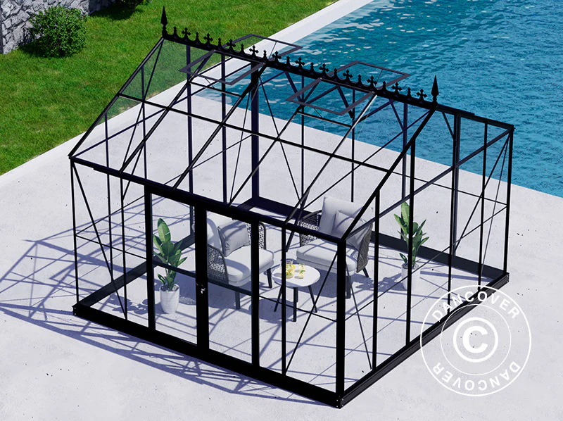 Orangeri, växthus i glas 13,8m², 3,73x3,71x3,16m m/botten och takdekoration, Svart - Image 8