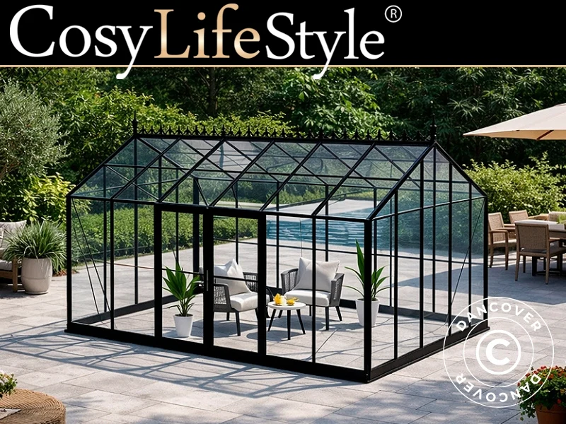 Orangeri, växthus i glas 16,5m², 4,45x3,71x3,16m m/Bas och takdekoration, Svart