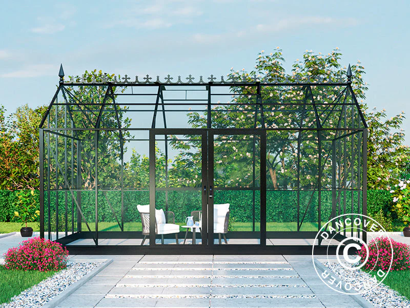 Orangeri, växthus i glas 16,5m², 4,45x3,71x3,16m m/Bas och takdekoration, Svart - Image 10
