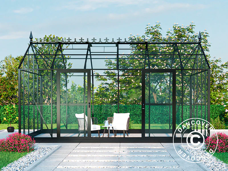Orangeri, växthus i glas 16,5m², 4,45x3,71x3,16m m/Bas och takdekoration, Svart - Image 11
